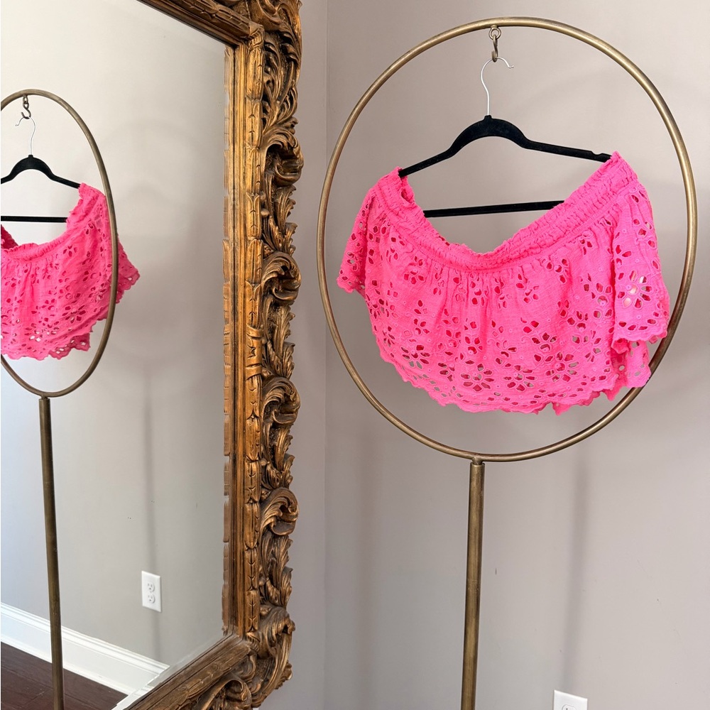Free People Perla Top Hot Pink Eyelet Off-Shoulder Crop Top